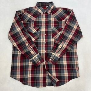 The Ely Plains Men's Western Shirt in size L features a red and gray plaid patte